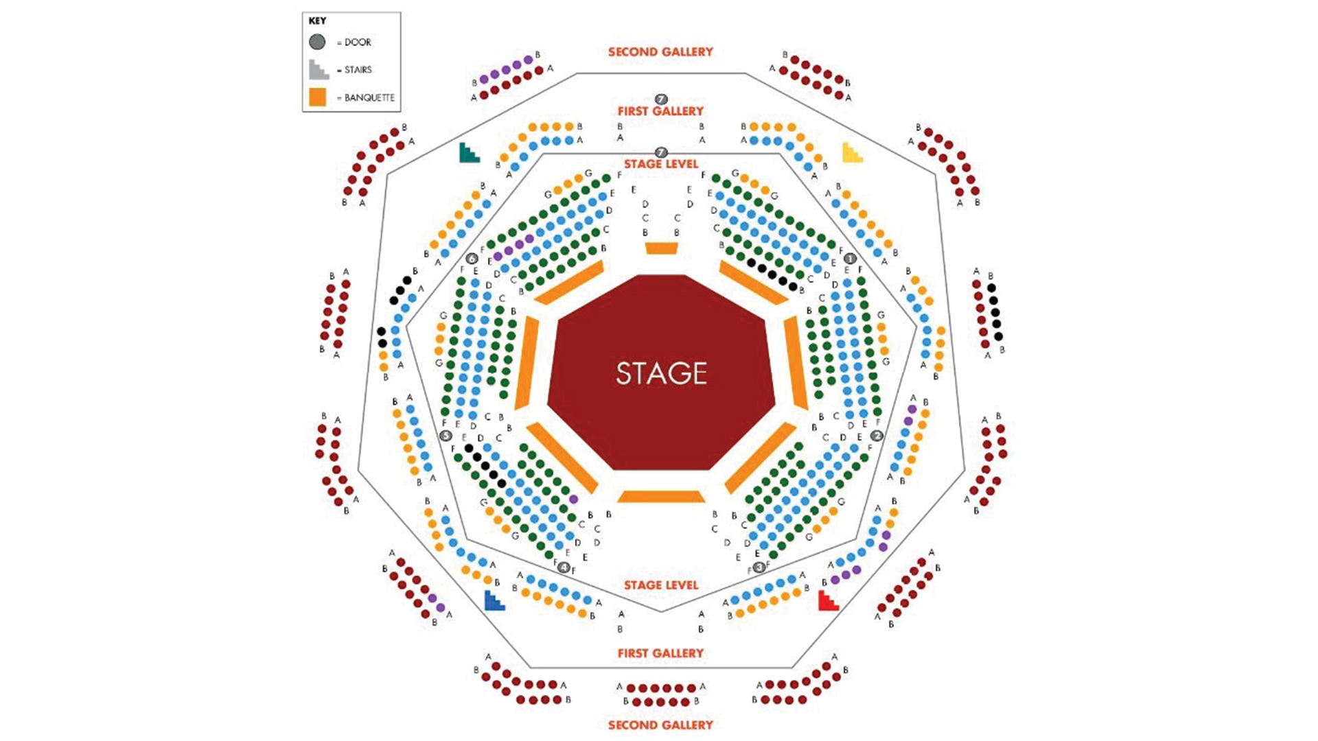 Seating plan of the Royal Exchange Theatre. Each sit is represented by a coloured dot depending on the pricing band. The seats are in the round and on 3 levels.